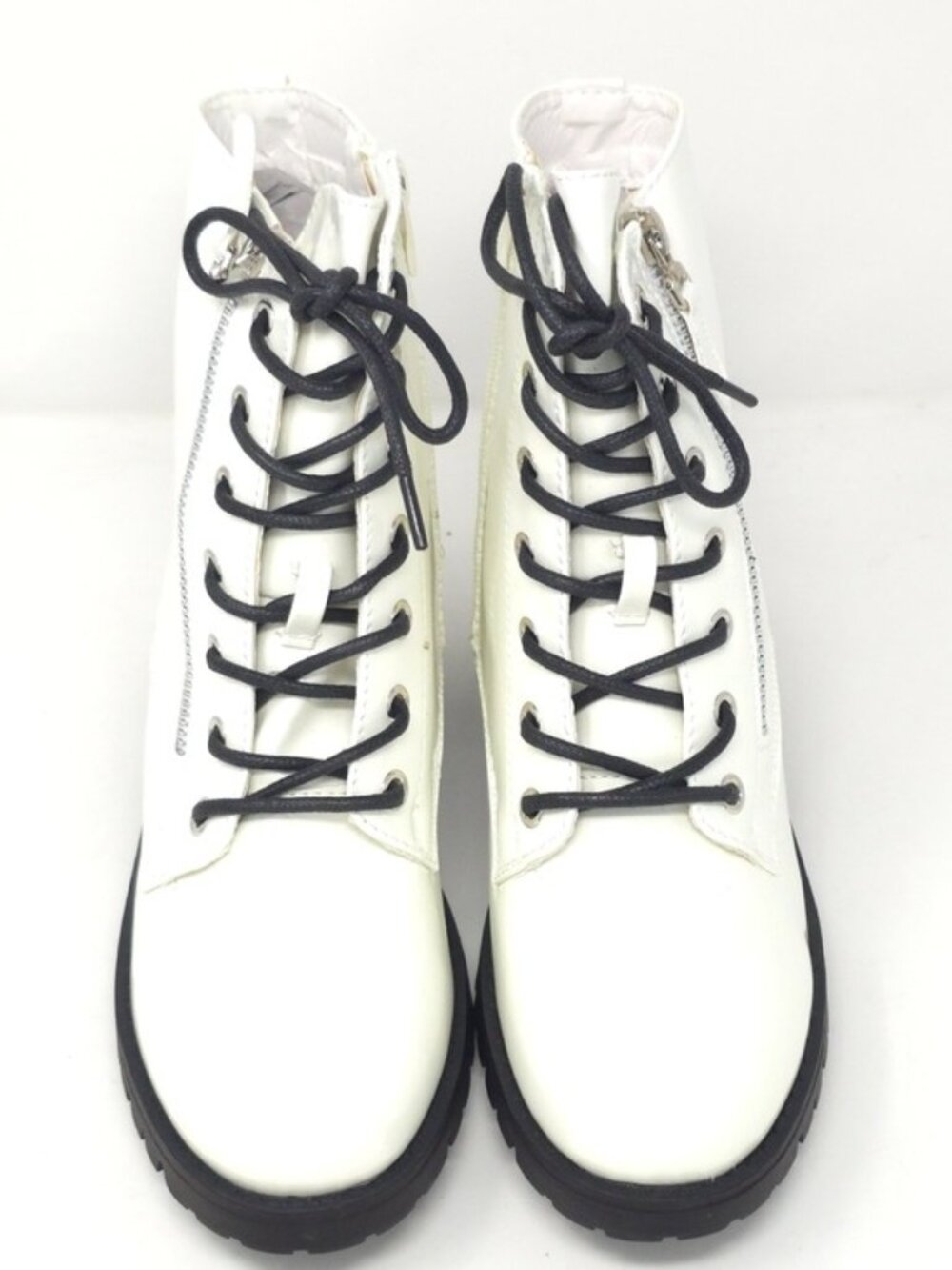 Combat Boots Chunky Heel Lace Up Side Zipper Faux Leather White Pat Ankle Boot - Picture 12 of 12